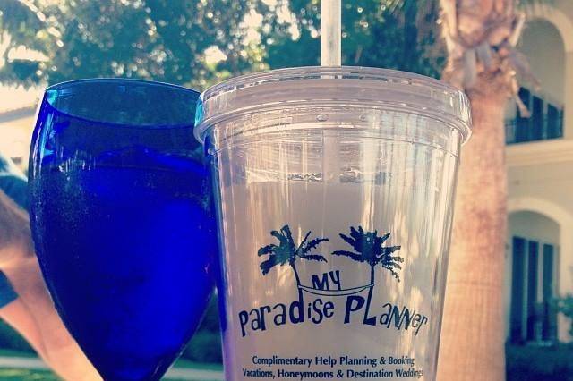 Another client's My Paradise Planner travel tumblers hanging out at Barefoot By The Sea (restaurant) at Beaches Turks & Caicos.