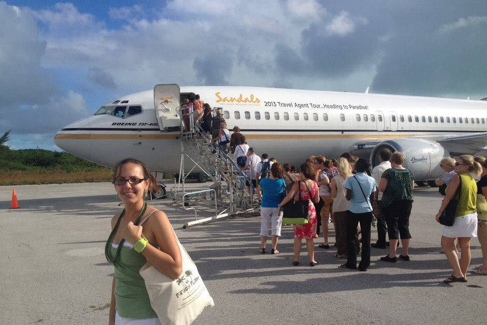Jackie Allen, one of our Paradise Planners, about to board the Sandals plane to Beaches Turks & Caicos for our annual training and sight inspection.