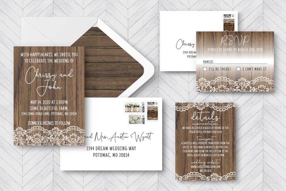 Rustic lace invitation suite