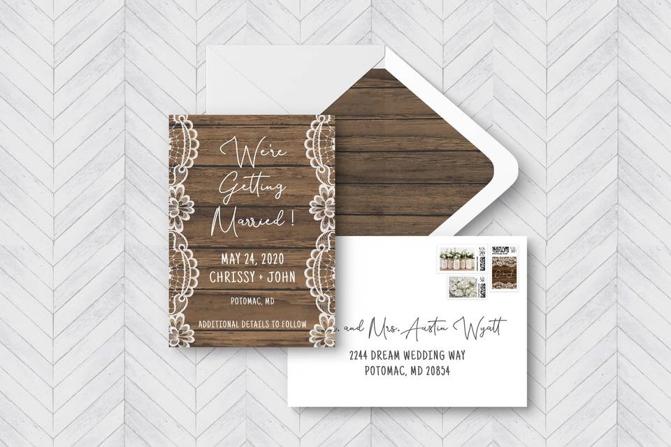 Rustic lace save the date