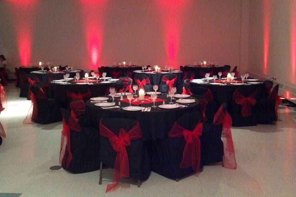 Wedding reception area in black and red