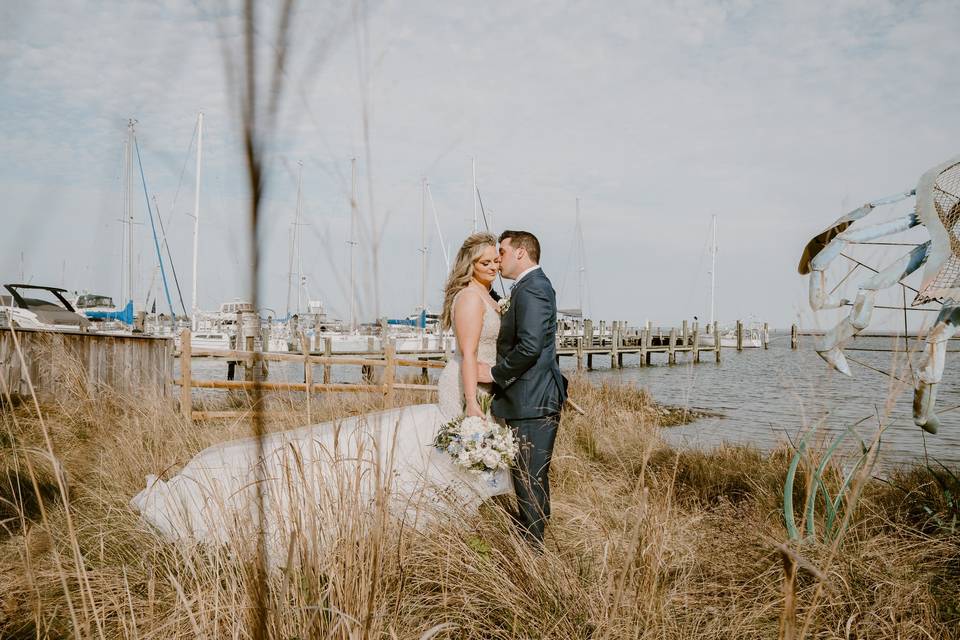 Newlyweds by the water