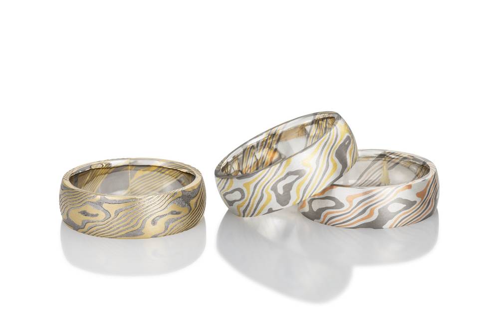Mokume Gane rings (L-R): Maple in Palladium 500 and 18K yellow gold
