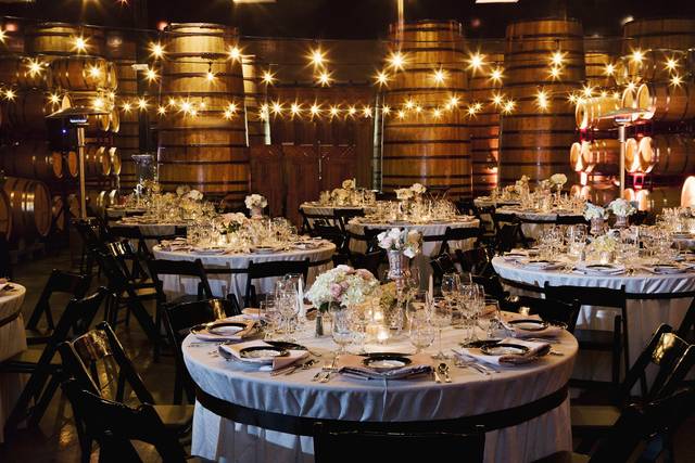 Barrel Room with string lights