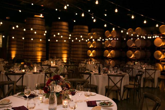 Barrel Room with string lights