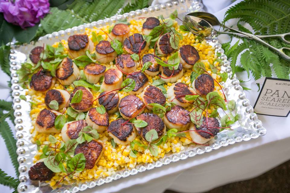 Pan-seared scallops and corn