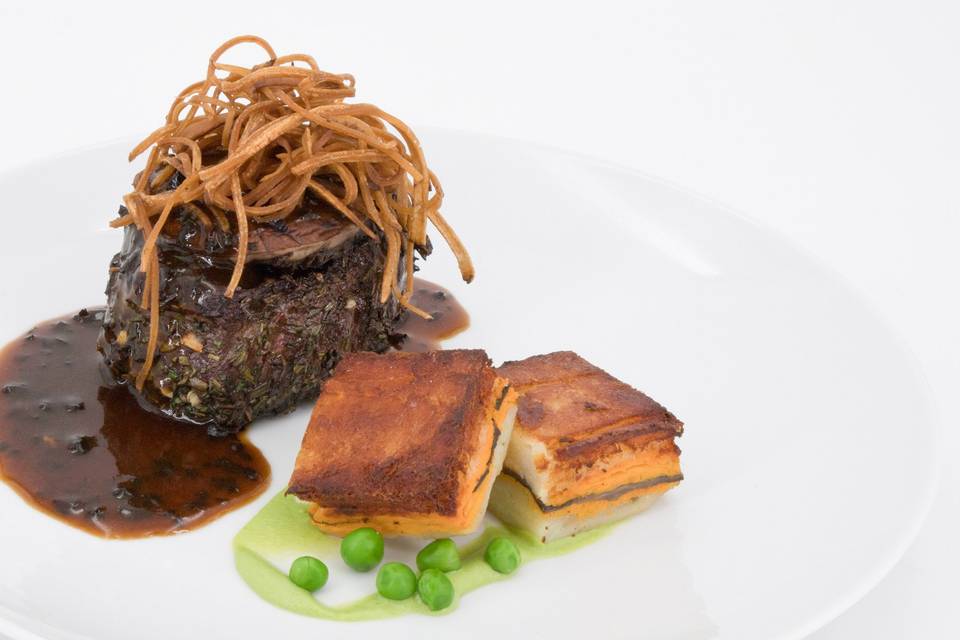 Seared filet, portabello, peas