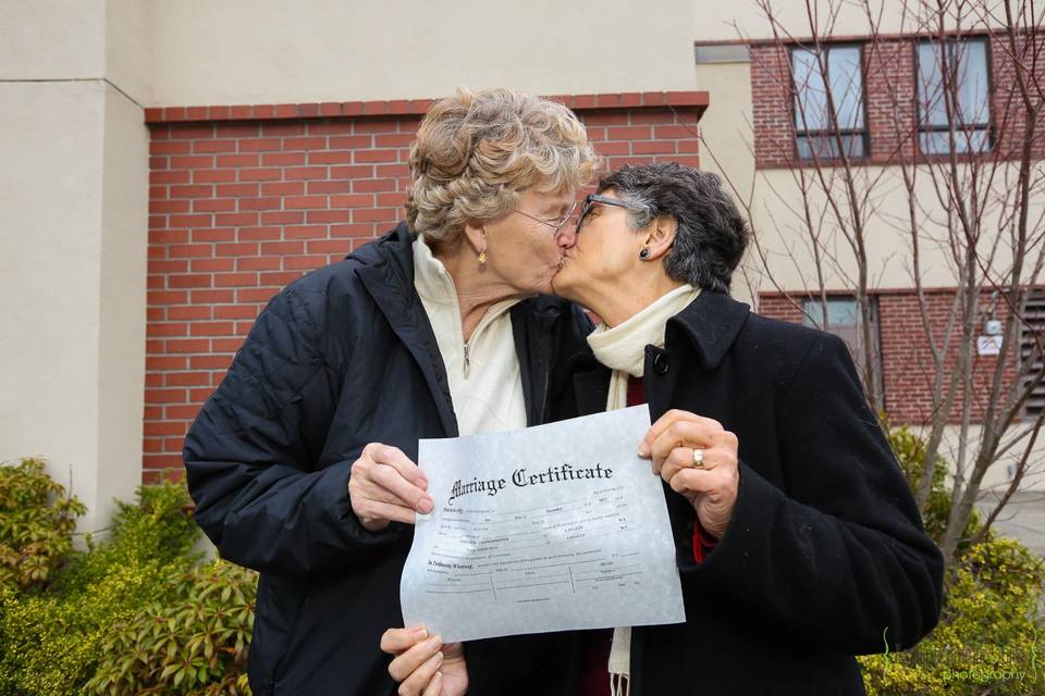 Grethe Cammermeyer & her wife Diane after signing their marriage certificate on December 6, 2012, post Referendum 74.