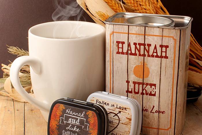 Personalized Rustic Wedding Fall Cocoa. Chalkboard and Country Chic Woodgrain Mint Tin Party Favors