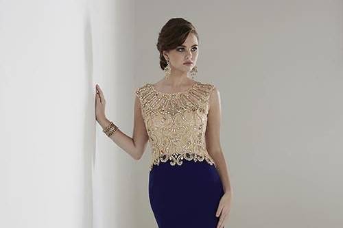 Royal blue trumpet skirt with lace beige top