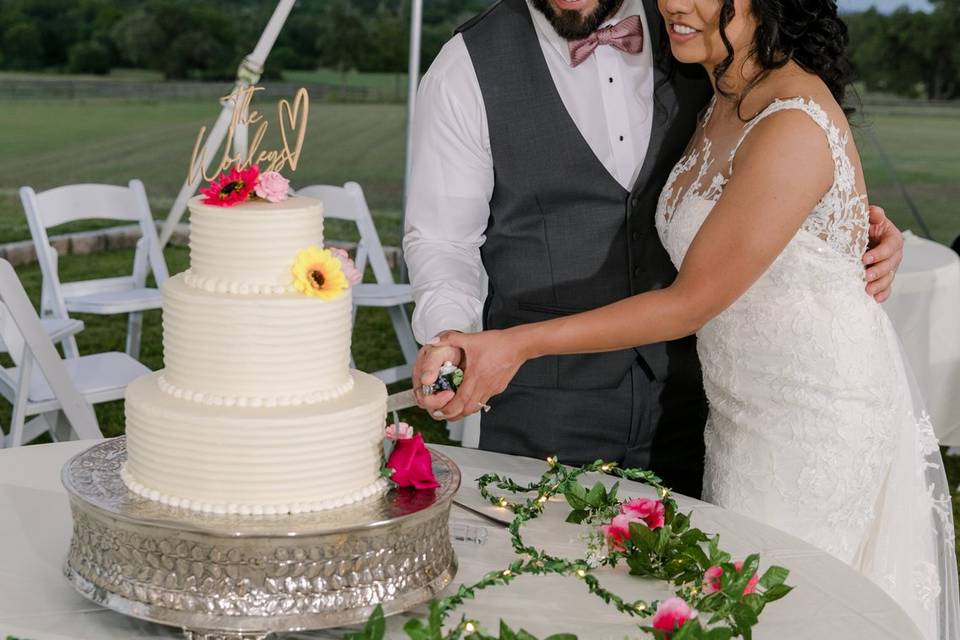 Bride and Groom Cutting Cake