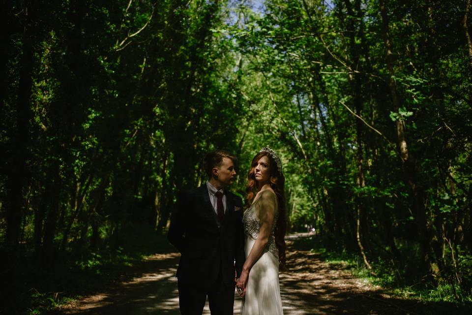 Bride and groom forest
