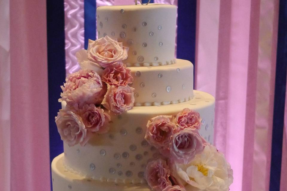 Silver sequined wedding cake, fresh flowers and cute topper. Loving the backdrop that was created to showcase the cake!