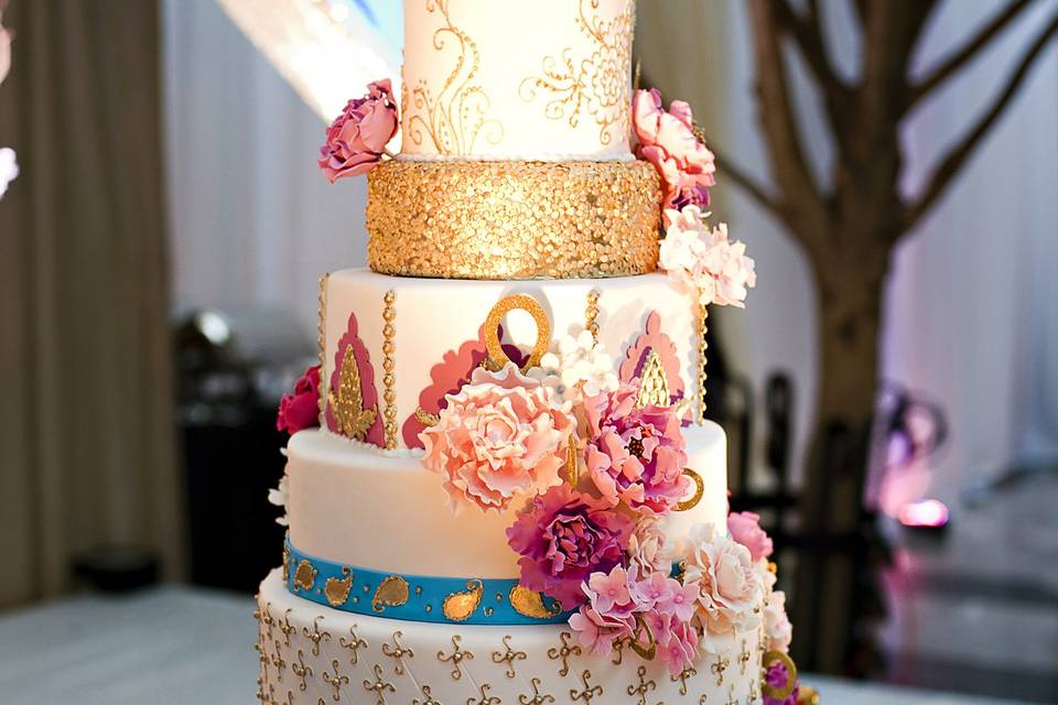 Fuschia, gold and blue Indian style wedding cake