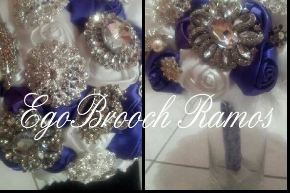 Brooch bouquet with satin rosettes flowers, starting $150.00. Free brooch boutonniere.