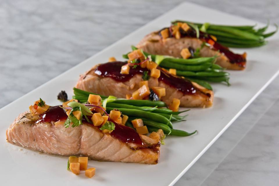 Salmon with sweet potato and tamarind salsa with haricot verts bundles