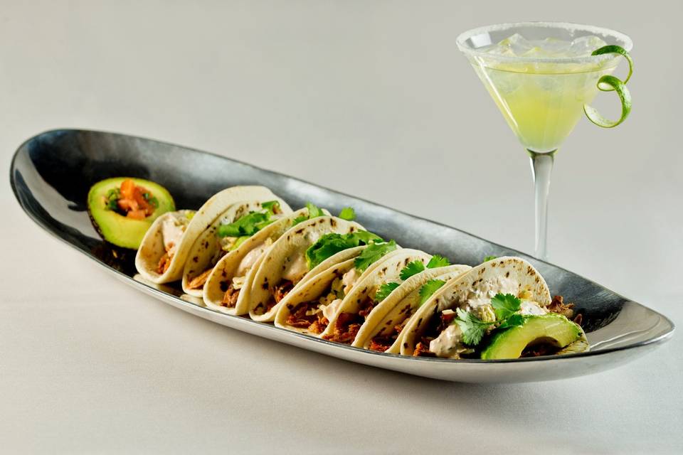 Bad penny beer braised pulled chicken taco with specialty margarita