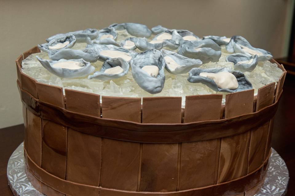 Bushel of oysters grooms cake, with chocolate plank barrel and fondant oysters