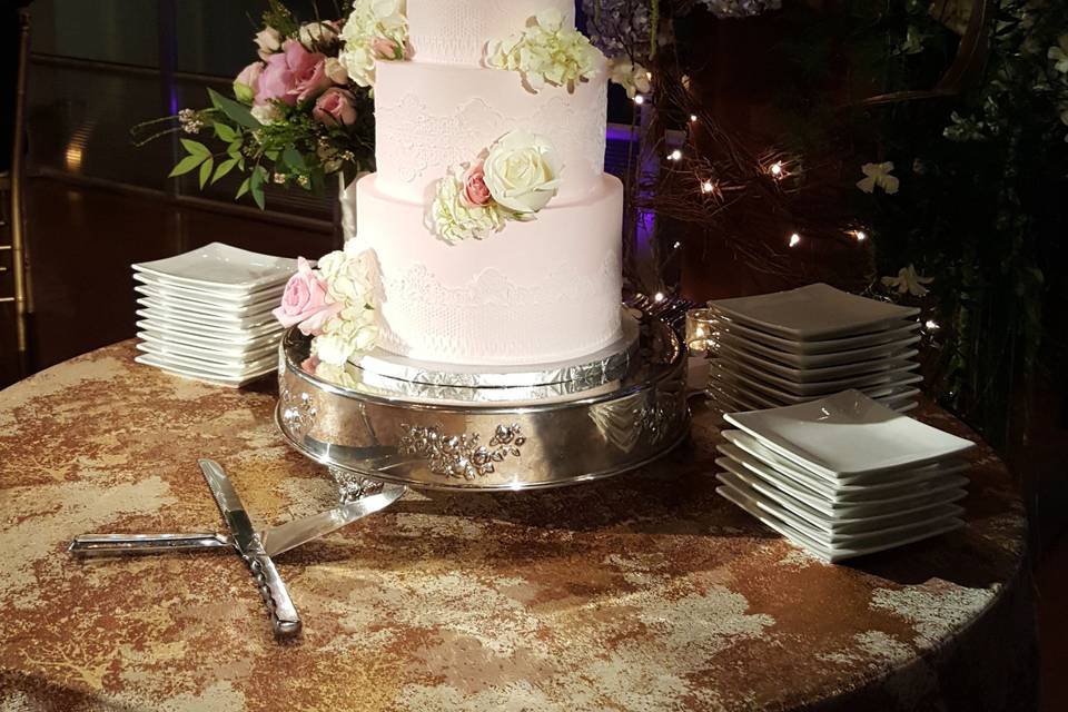 Romantic pink fondant with lace overlay at the laurelbrook, catering works on-site venue!