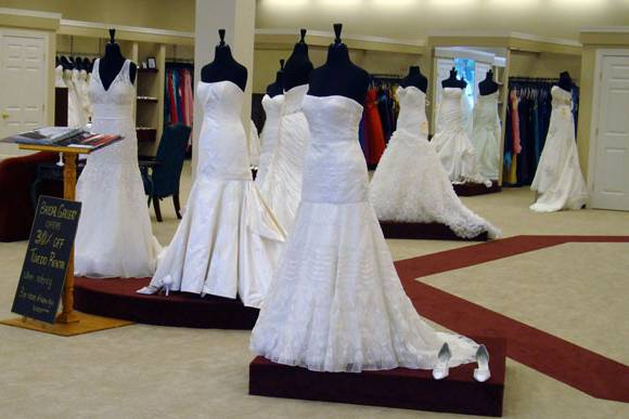 Group of brides trying on dresses