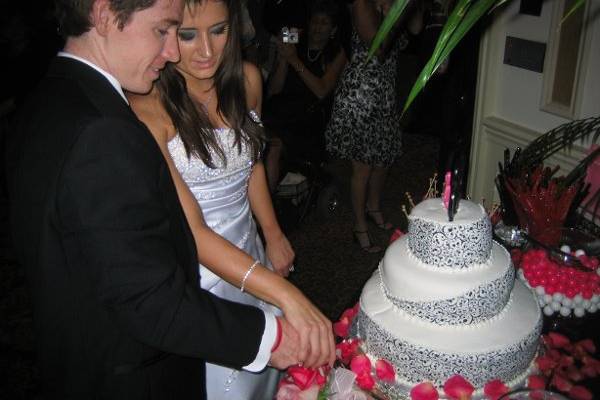 Bridgett and Chris cut the cake