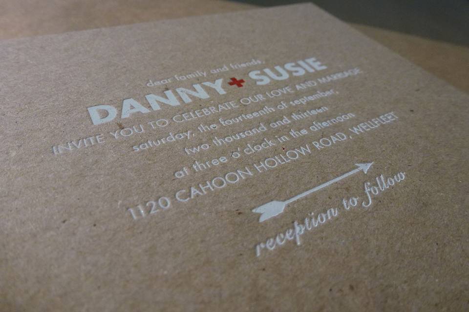 Hot foil stamped invitations on chipboard