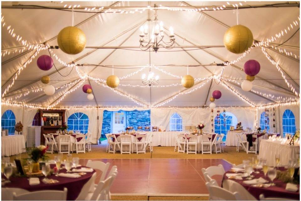 Reception tent setup and decor