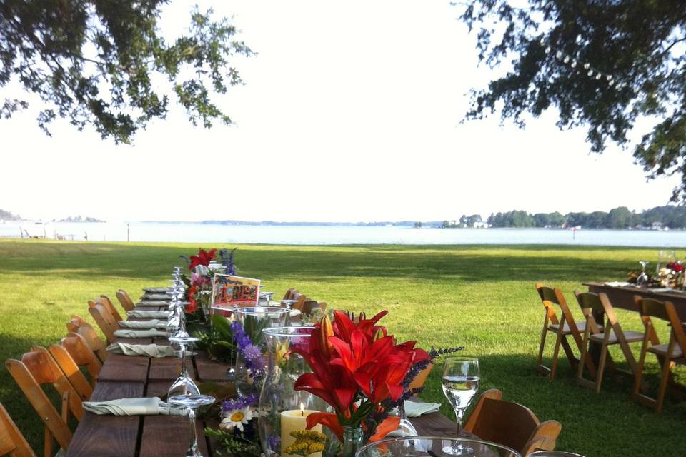 Rustic long table setup with centerpiece