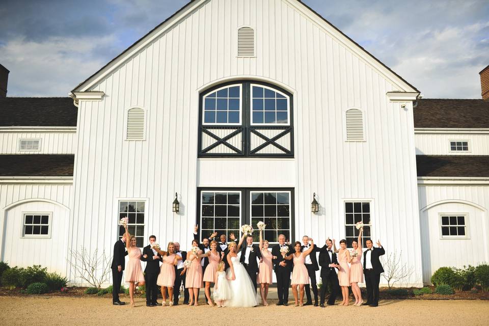 The couple with the bridesmaids and groomsmen