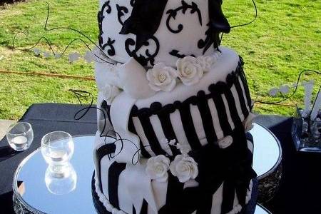 Three tier black and white cake