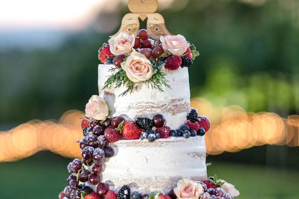 Two tier white and gold cake