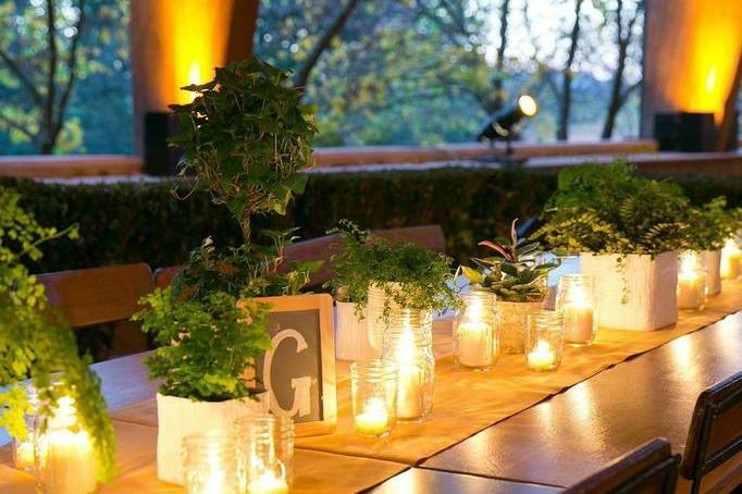 Candlelit inside the glass table centerpiece