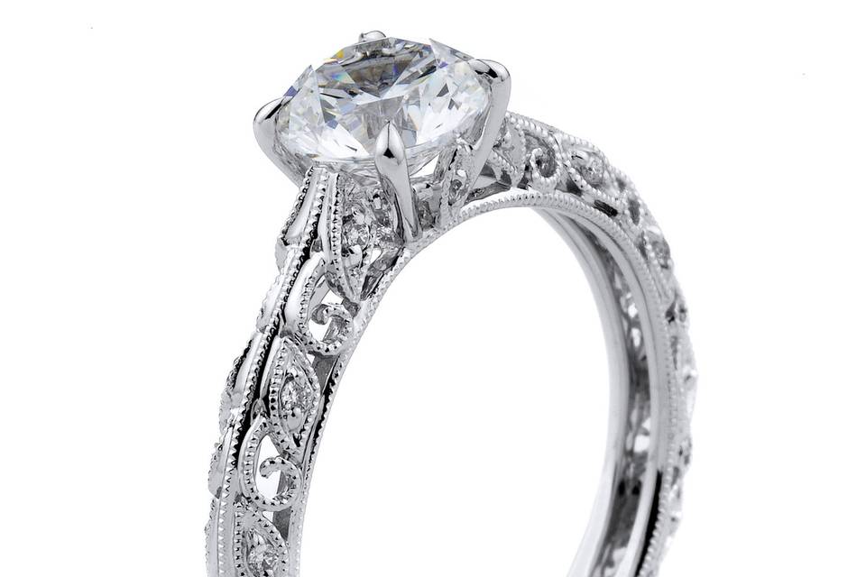Style Supreme Jewelry	154264 <br> 18K white gold vintage-inspired engagement ring with hand engraving featuring 0.25 carats of round diamonds