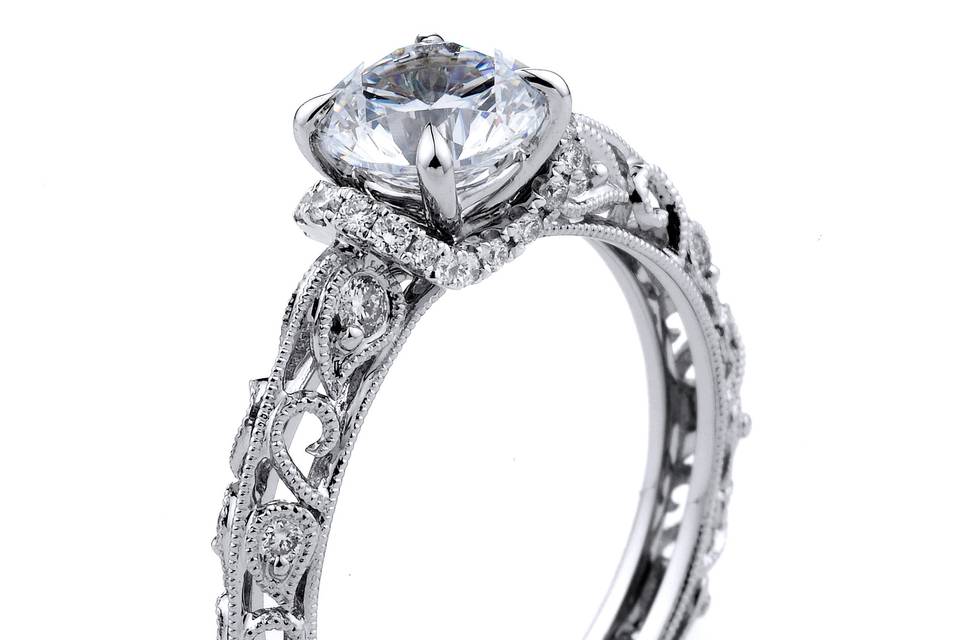 Style Supreme Jewelry	154214 <br> 18K white gold vintage-inspired Desireé Collection engagment ring featuring 0.06 carats of round diamonds