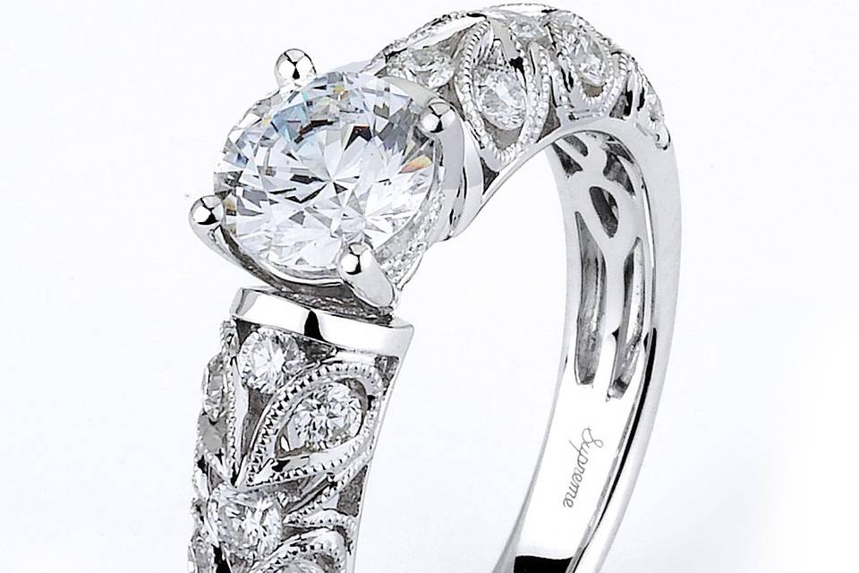 Style Supreme Jewelry	154871 <br> 18K white gold vintage-inspired Desireé Collection engagment ring featuring 0.19 carats of round diamonds