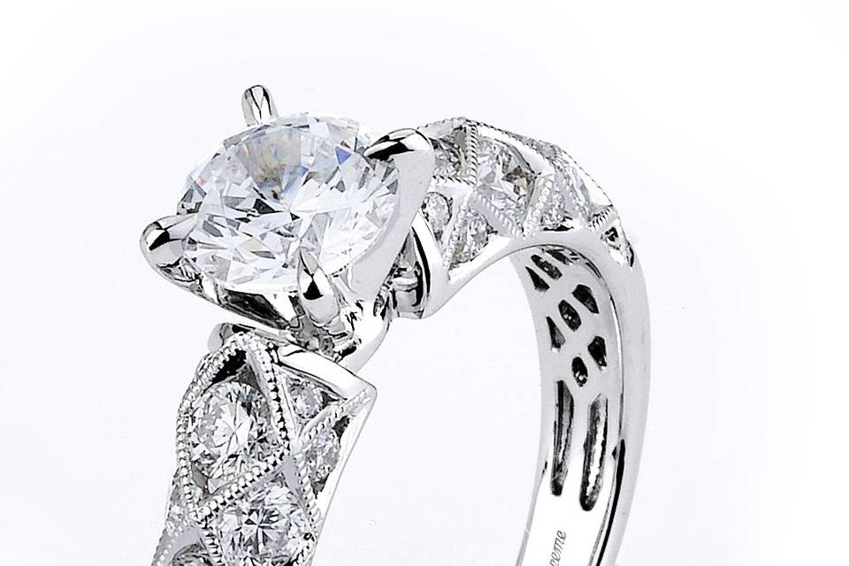 Style Supreme Jewelry	31458 <br> 18K white gold vintage-inspired Desireé Collection engagement ring featuring round diamonds and milgrain detailing on the shank