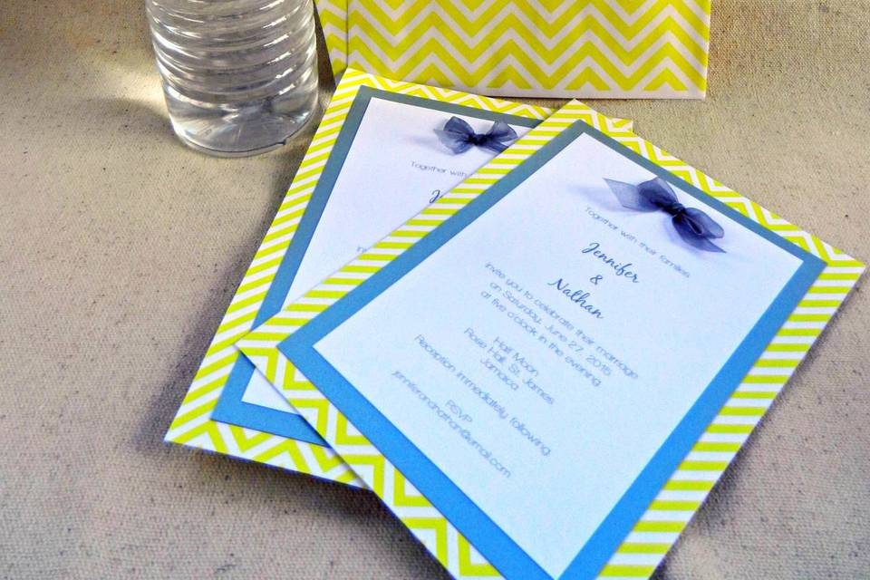 Silver and Yellow Chevron Invitation, Personalized Water Bottles and Personalized Treat/Favor Bags