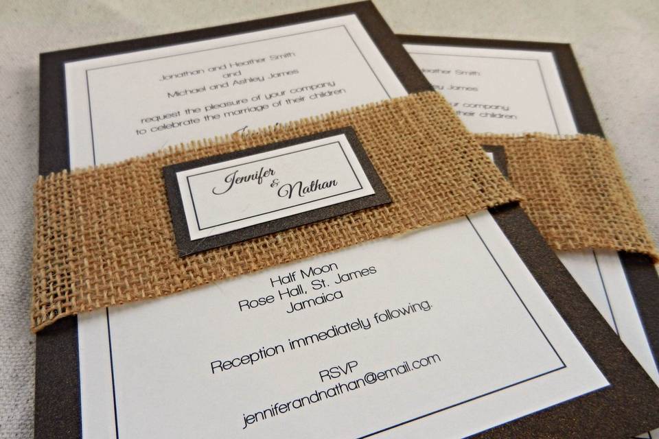 Brown and Ivory Invitation with Burlap Wrap