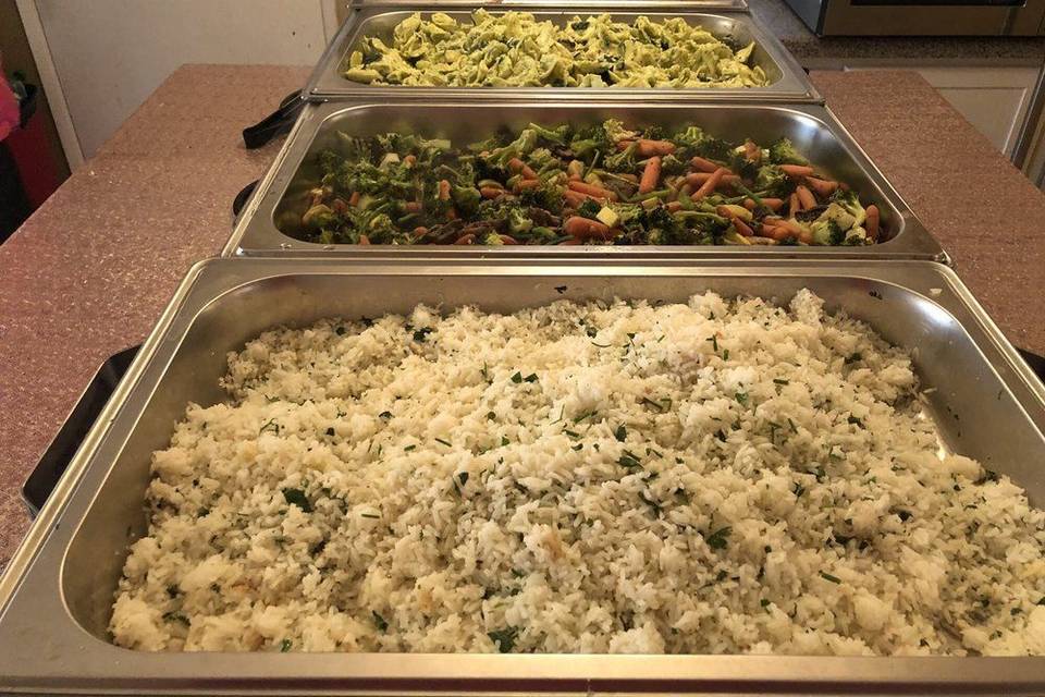 Cilantro lime rice, seasonal vegetables, cheese & pesto tortellini, cornish game hen