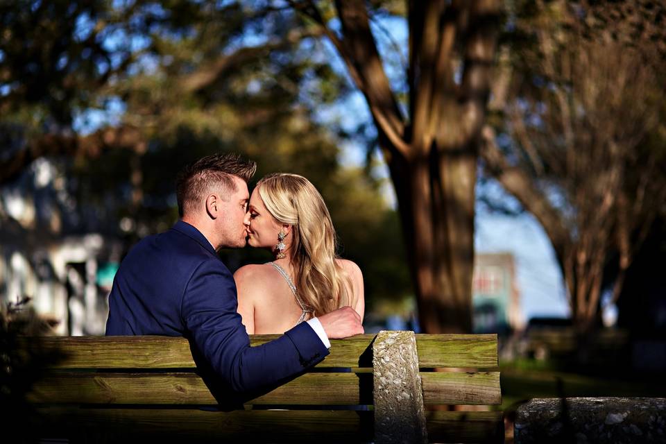 Savannah bride and groom kiss