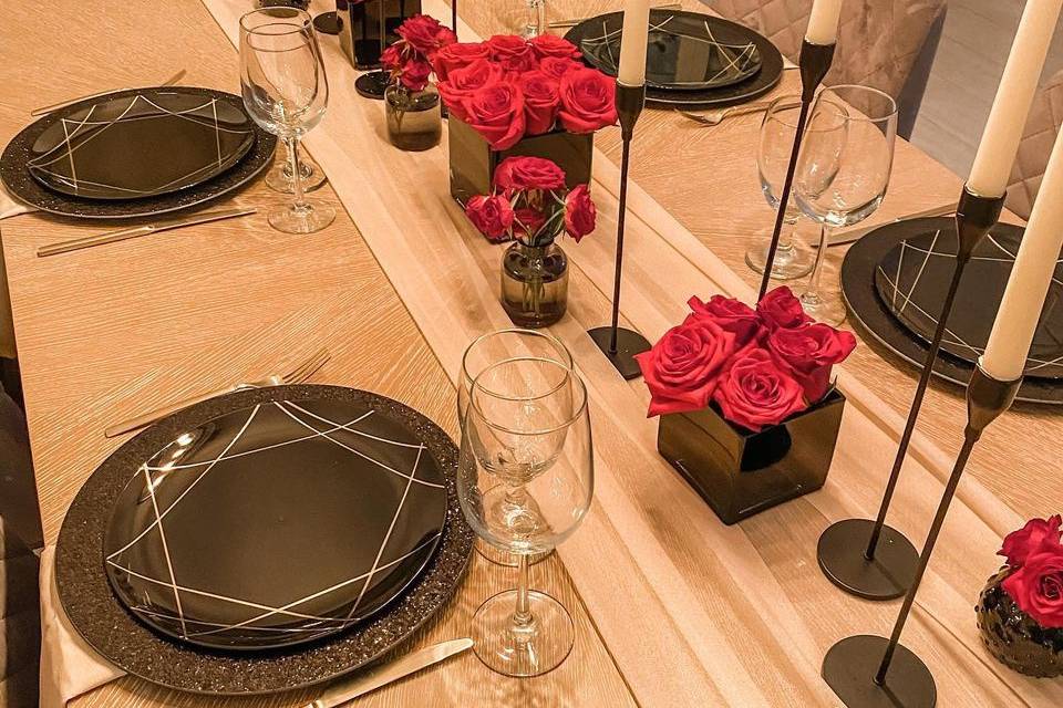 Red and black table setting