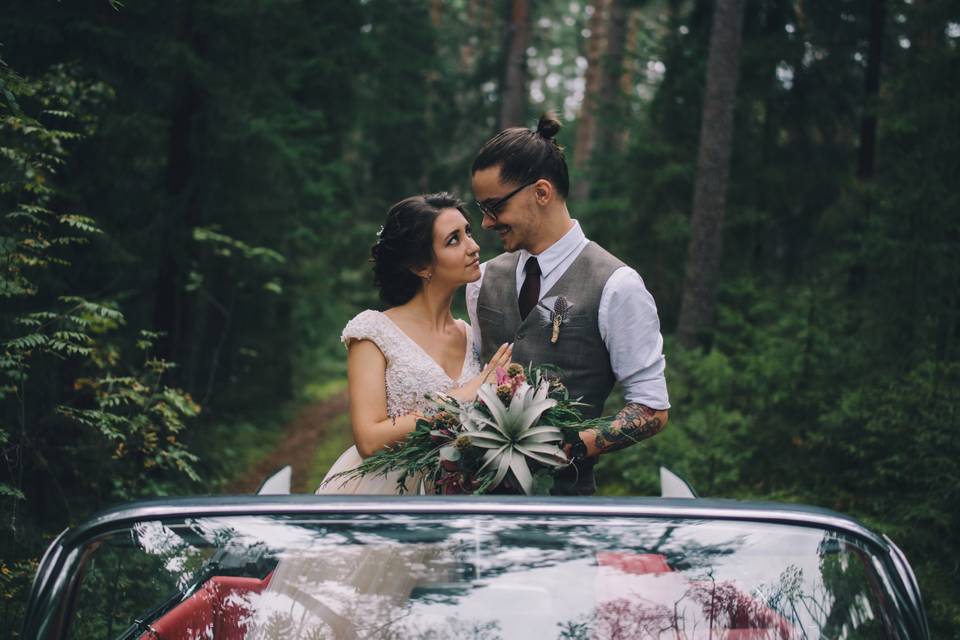 On the car in the woods