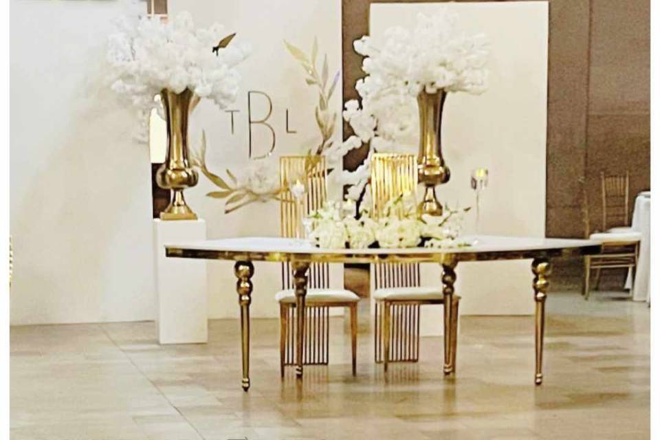 Gold sweetheart table & chairs