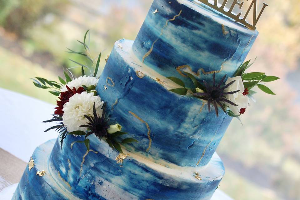 Blue watercolor tiered cake