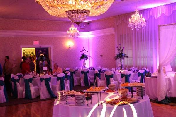 Kenny Q Productions provided all of the Theatrical Lighting for this room (Uplights, Monogram Lighting and Dancefloor lighting).