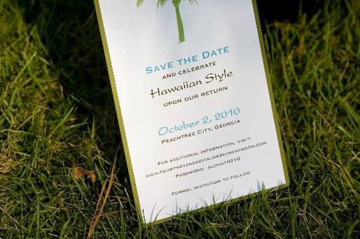 Save the Date.  Hawaii theme.  We have several palm trees that can be used.  Colors/fonts can be changed.