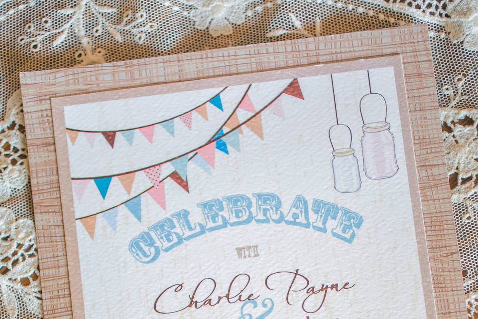 The bride had very specific requests for this custom invitation, burlap, pennant/carnival flags, mason jars, banners, rustic combination fonts.  Color were light blue, pink, khaki, ivory, wood grain, burlap.