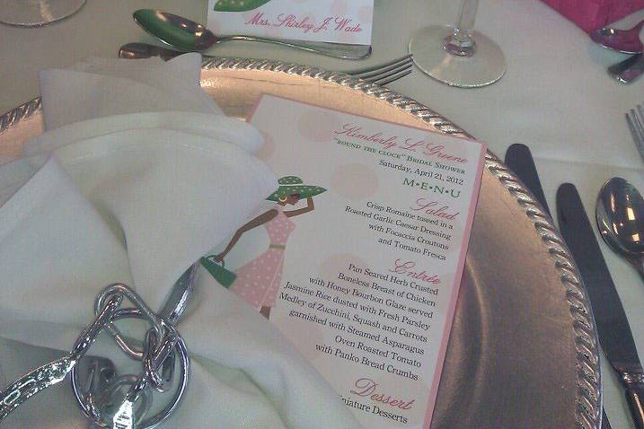Menu cards and placecards with a Kentucky Derby theme, in green and pink colors.  Invitation mimicked menu card nearly perfectly.