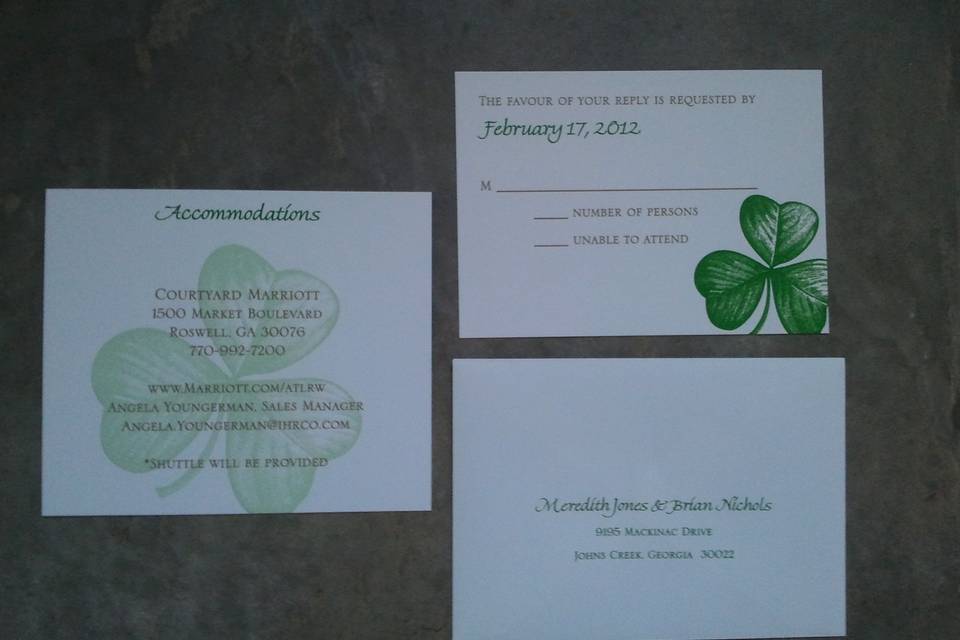 Shamrock style wedding invitation ensemble for a wedding that too place during St. Patty's weekend.  Plus, the groom was Irish.