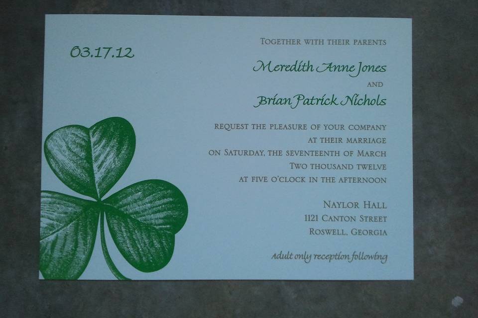 Shamrock style wedding invitation ensemble for a wedding that too place during St. Patty's weekend.  Plus, the groom was Irish.